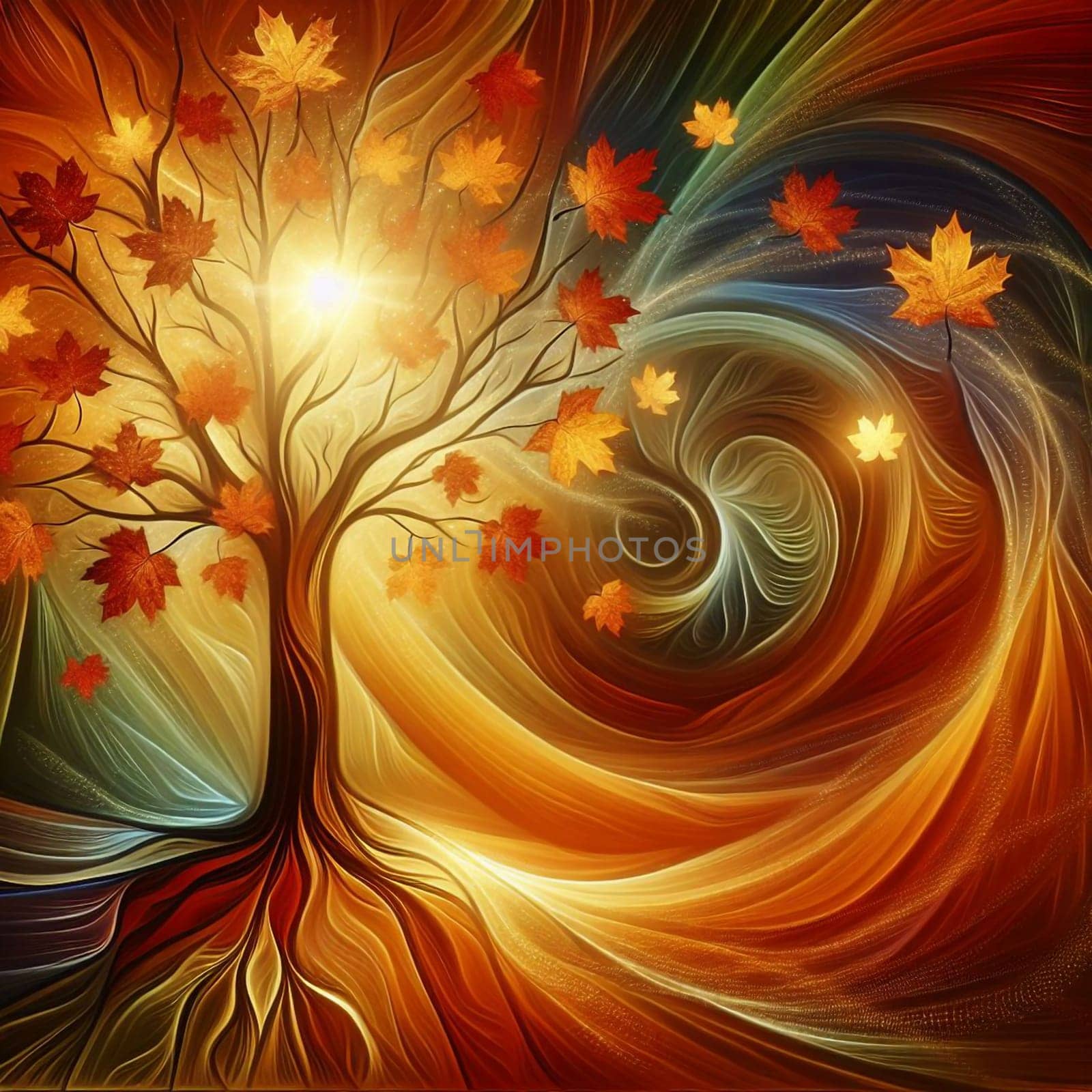 An abstract painting of a tree with orange leaves, surrounded by swirling, colorful energy, creating a sense of movement and magic. A high-quality AI-generated photo.