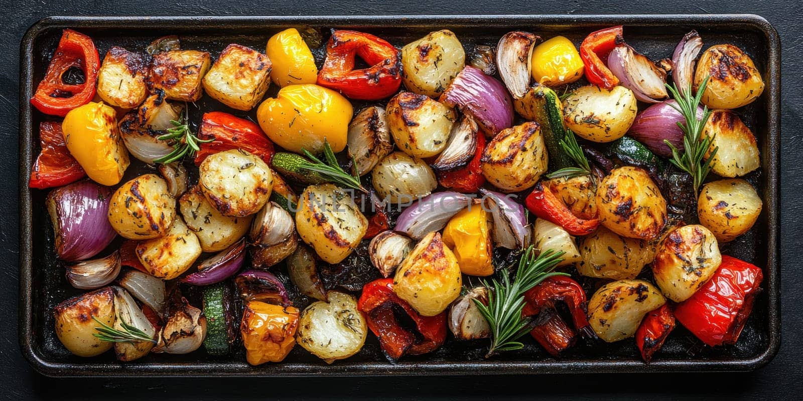 a rustic baking sheet filled with freshly roasted vegetables, including colorful peppers, onions, potatoes, zucchini and whole garlic cloves. Ai generative.