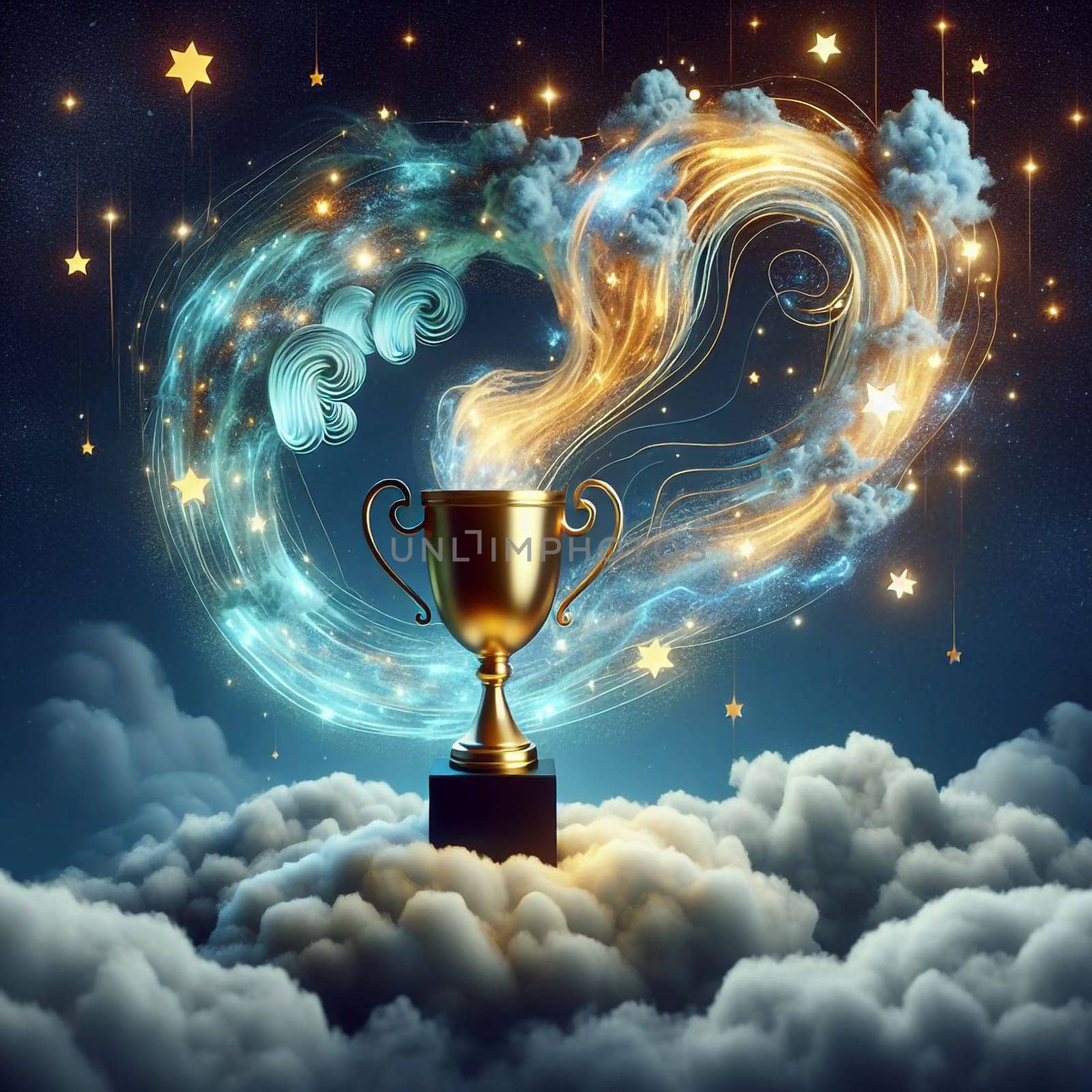 A golden trophy cup on a black base, surrounded by clouds and a swirling, ethereal light. The scene is set against a night sky with twinkling stars. A high-quality AI-generated photo.
