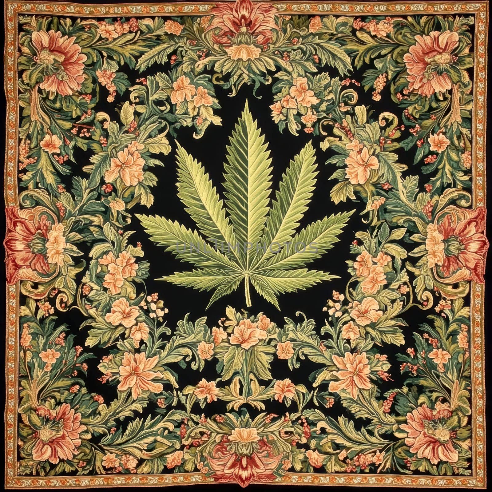 Victorian tapestry design featuring a central cannabis leaf surrounded by ornate floral patterns . AI generative.