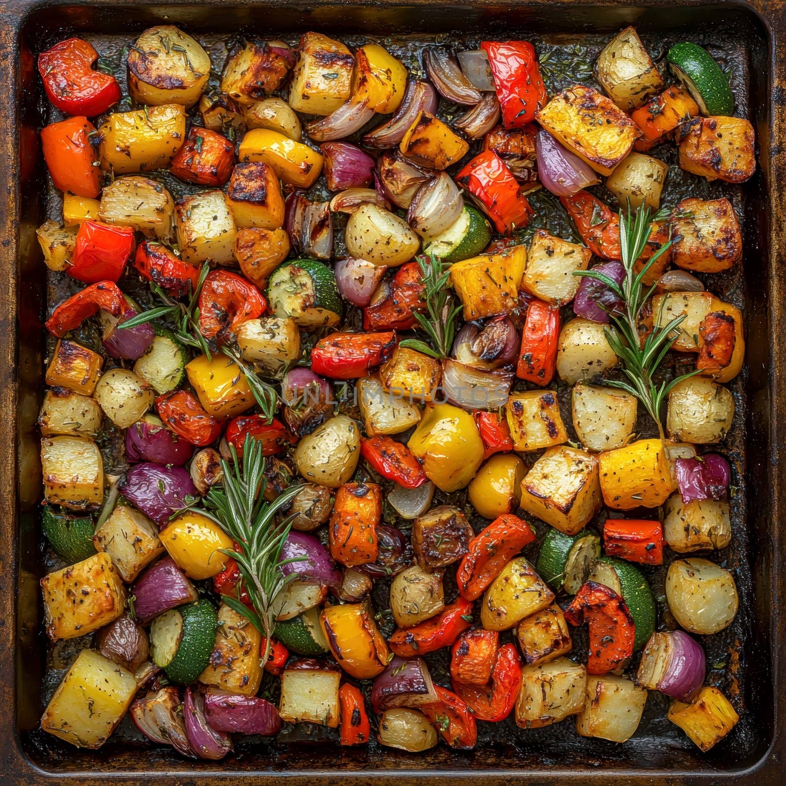 a rustic baking sheet filled with freshly roasted vegetables, including colorful peppers, onions, potatoes, zucchini and whole garlic cloves. Ai generative.