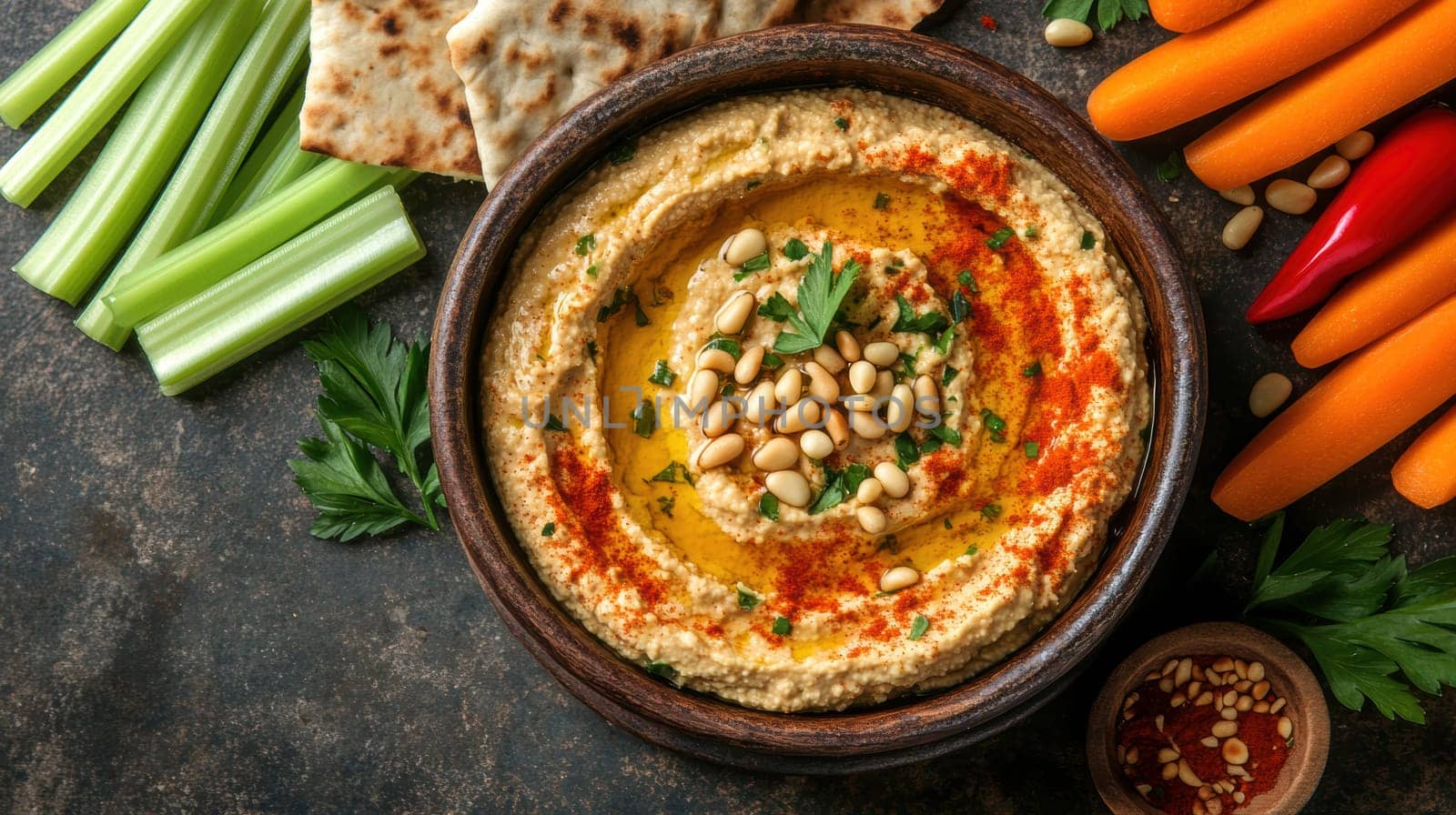 roasted garlic hummus served in bowl topped with paprika, flat parsely and roasted pine . AI generative.