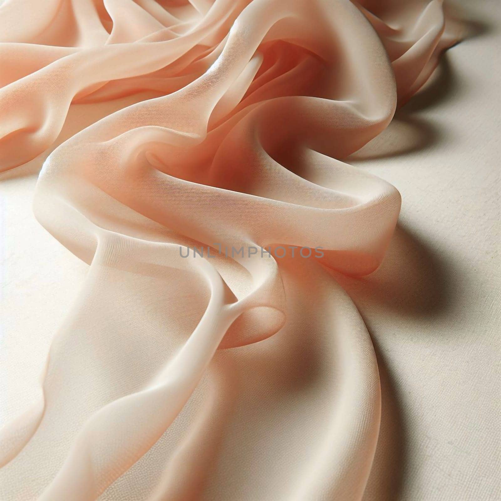 A close-up of a piece of peach-colored fabric, draped in soft, flowing folds. The fabric is delicate and translucent, with a subtle sheen. A high-quality AI-generated photo.