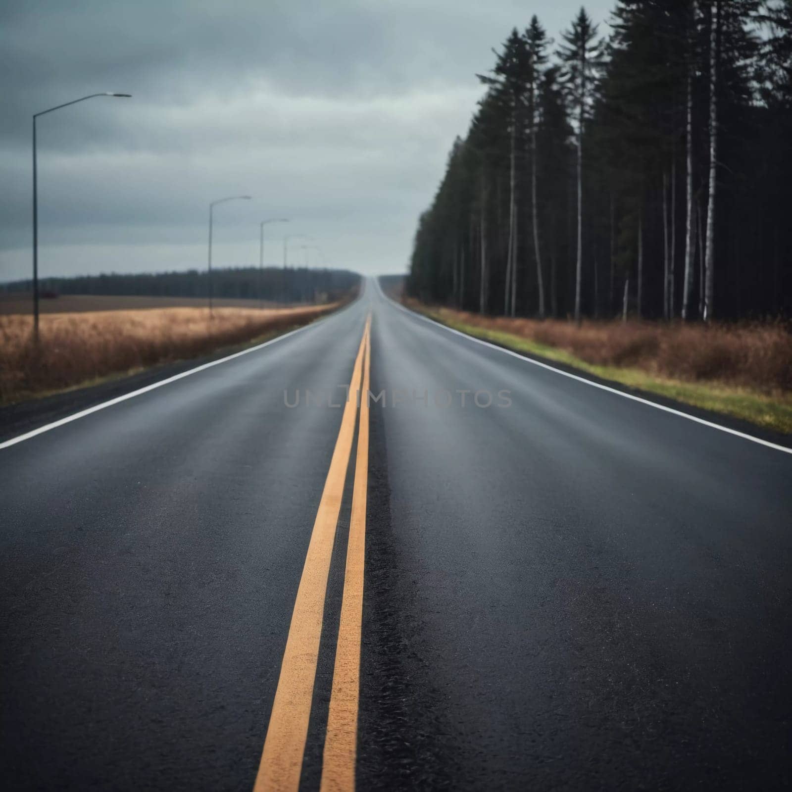 A long, empty asphalt road stretches into the distance, flanked by tall trees on one side and fields on the other, all under a cloudy sky, creating a tranquil rural atmosphere. Generative AI.