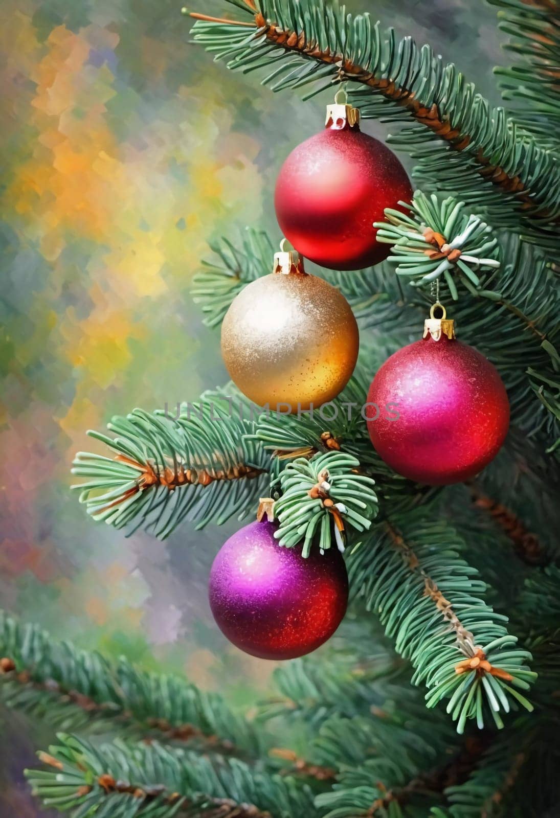 Colorful Christmas decorations adorn the branches of a spruce tree, vibrant balls in shades of red, gold, and pink, embodying holiday cheer in winter. Happy New Year art background. Generative AI.