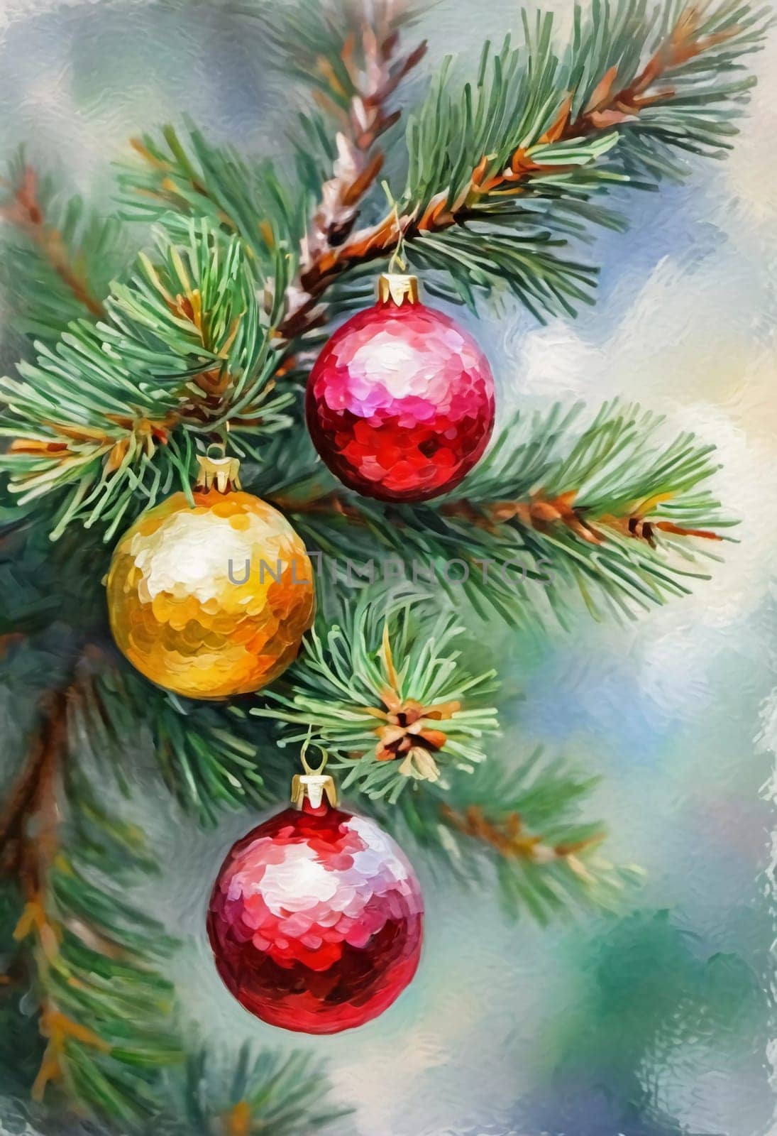 Colorful Christmas decorations adorn the branches of a spruce tree, vibrant balls in shades of red, gold, and pink, embodying holiday cheer in winter. Happy New Year art background. Generative AI.
