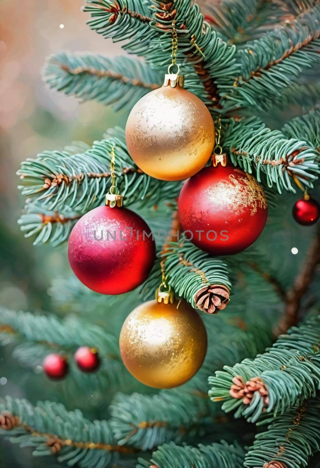 Colorful Christmas decorations adorn the branches of a spruce tree, vibrant balls in shades of red, gold, and pink, embodying holiday cheer in winter. Happy New Year art background. Generative AI.