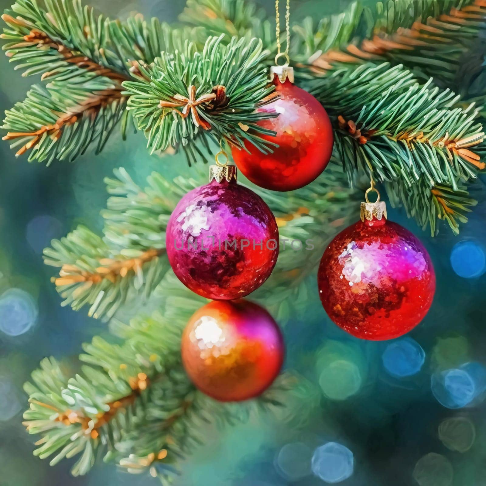 Colorful Christmas decorations adorn the branches of a spruce tree, vibrant balls in shades of red, gold, and pink, embodying holiday cheer in winter. Happy New Year art background. Generative AI.