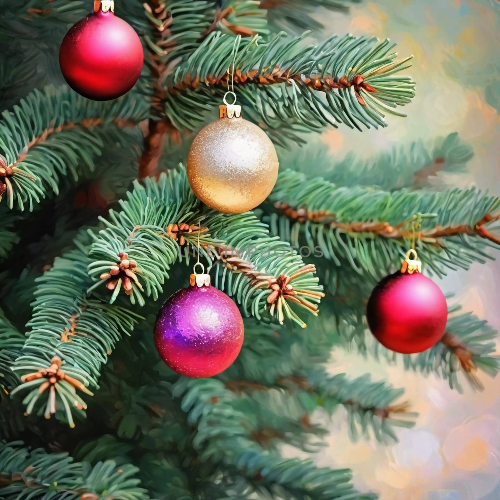 Colorful Christmas decorations adorn the branches of a spruce tree, vibrant balls in shades of red, gold, and pink, embodying holiday cheer in winter. Happy New Year art background. Generative AI.