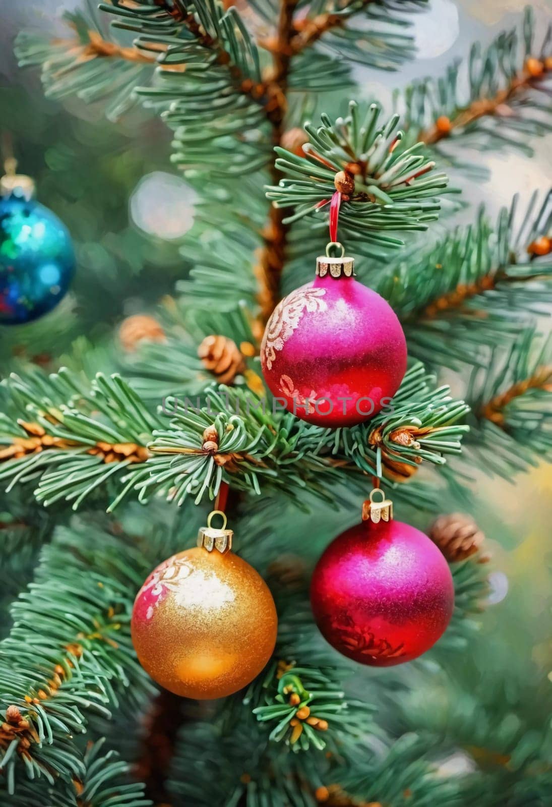 Colorful Christmas decorations adorn the branches of a spruce tree, vibrant balls in shades of red, gold, and pink, embodying holiday cheer in winter. Happy New Year art background. Generative AI.