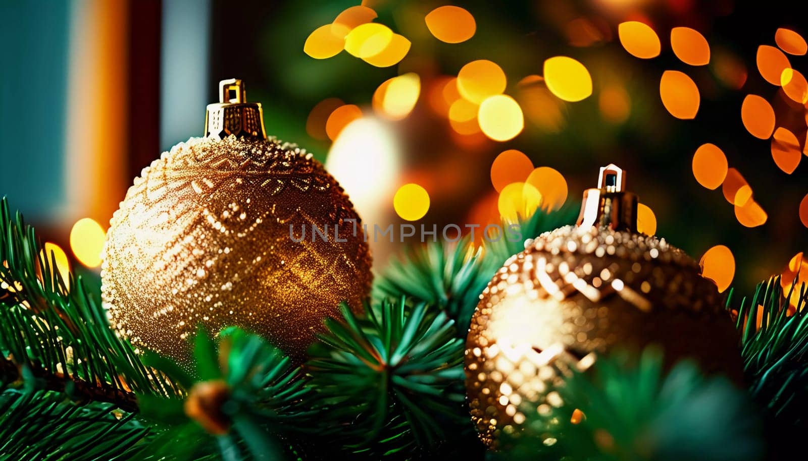 Sparkling ornament golden balls in vibrant hang from a lush spruce tree branch. Soft, warm lights twinkle enhancing festive spirit of Christmas. Happy New Year. Anamorphic bokeh. Generative AI.