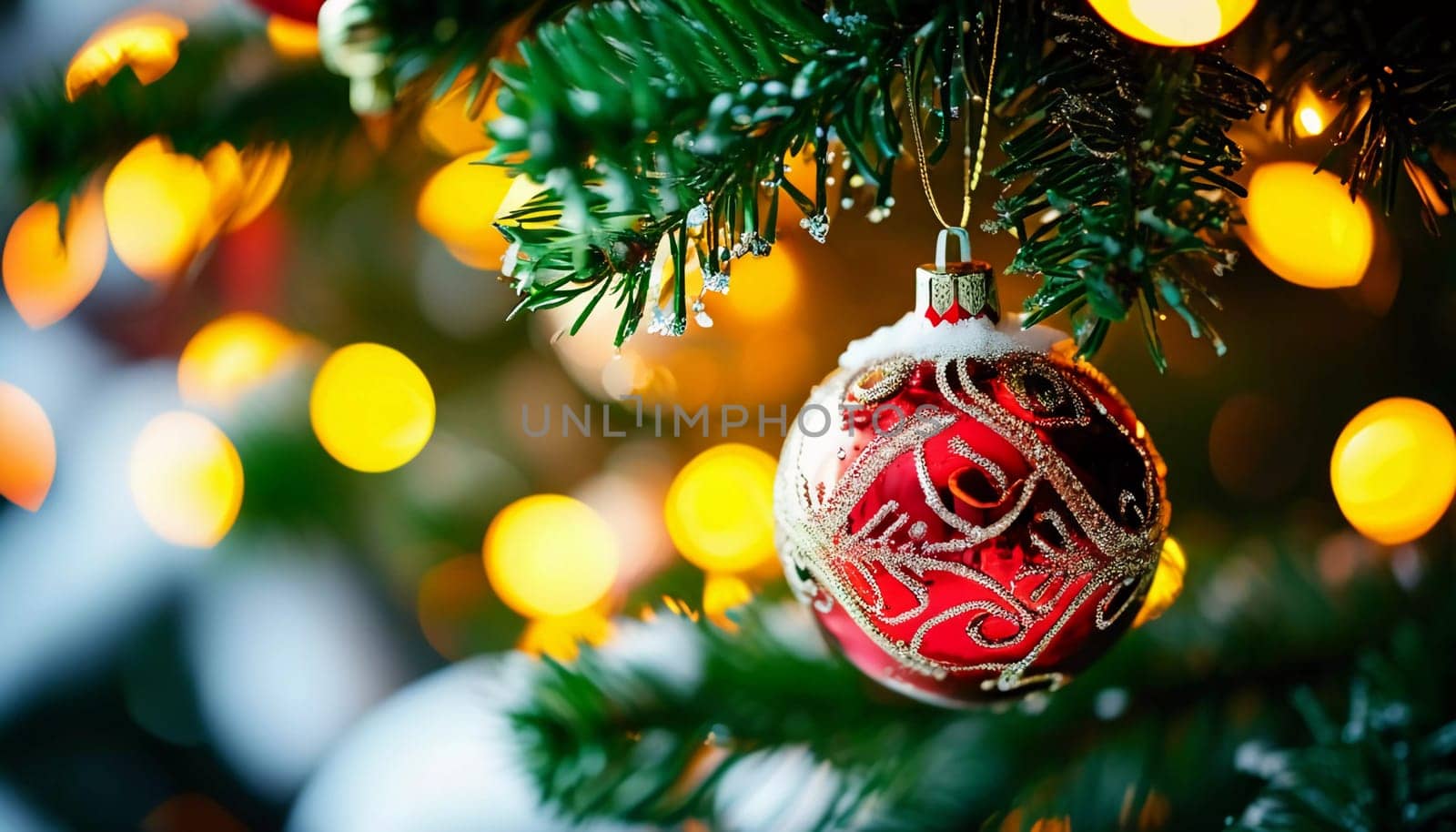 Sparkling ornament balls in vibrant red and gold hang from a lush spruce tree branch. Soft, warm lights twinkle enhancing festive spirit of Christmas. Happy New Year. Anamorphic bokeh. Generative AI.