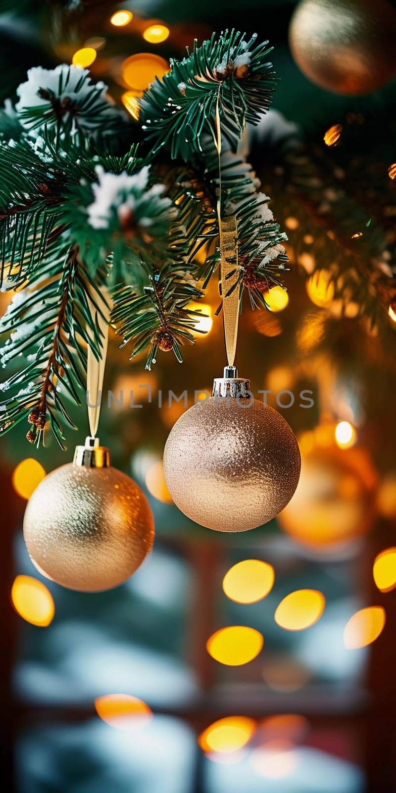 Sparkling ornament golden balls in vibrant hang from a lush spruce tree branch. Soft, warm lights twinkle enhancing festive spirit of Christmas. Happy New Year. Anamorphic bokeh. Generative AI.