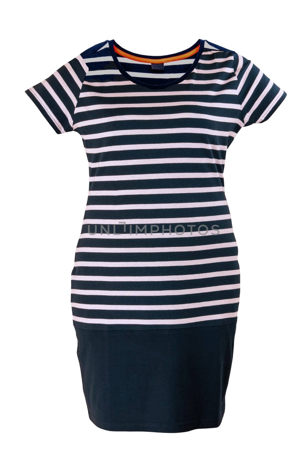 Fashionable summer clothes isolated. Elegant trendy black and white striped womans dress in marine style on mannequin. Clipping path. Summer fashion.