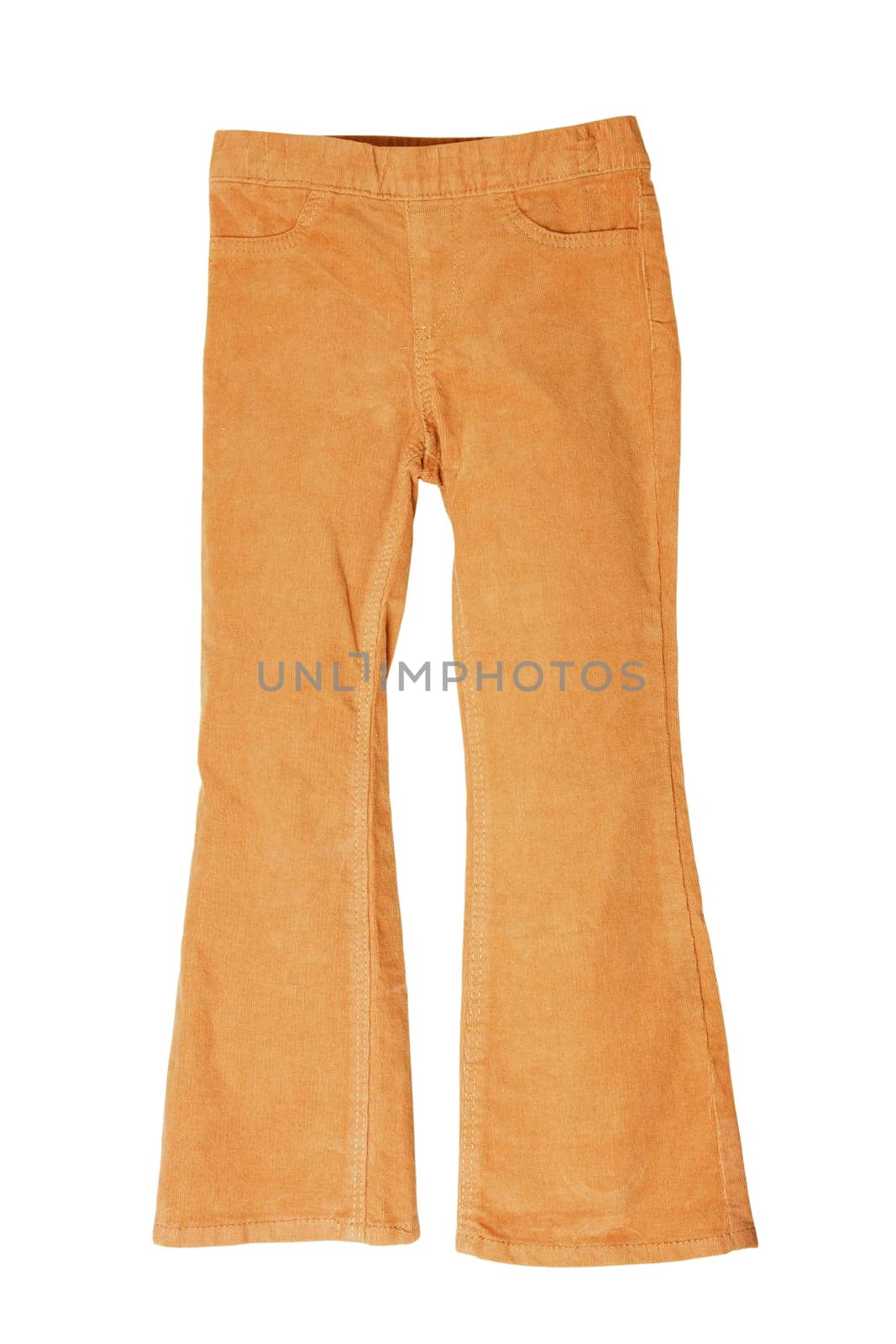 Women casual pants. Womans yellow jeans, corduroy trousers or jersey sweatpants isolated on a white background. Clipping path. Jogging outfit for workout.