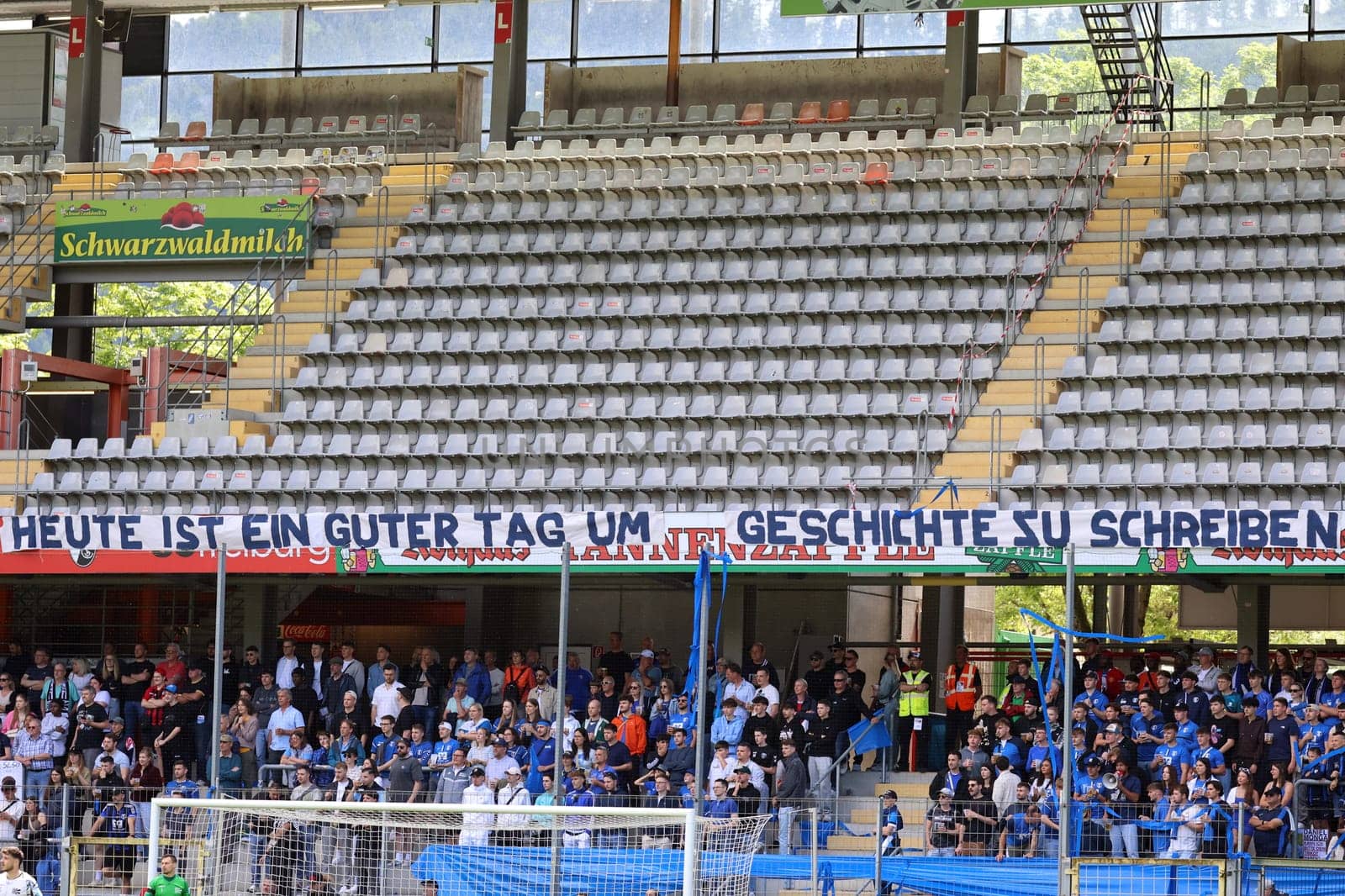 "Today is a good day to make history,"" reads a banner above the SC Lahr fan stand at the SBFV Cup final 23/24: FC 08 Villingen - SC Lahr"