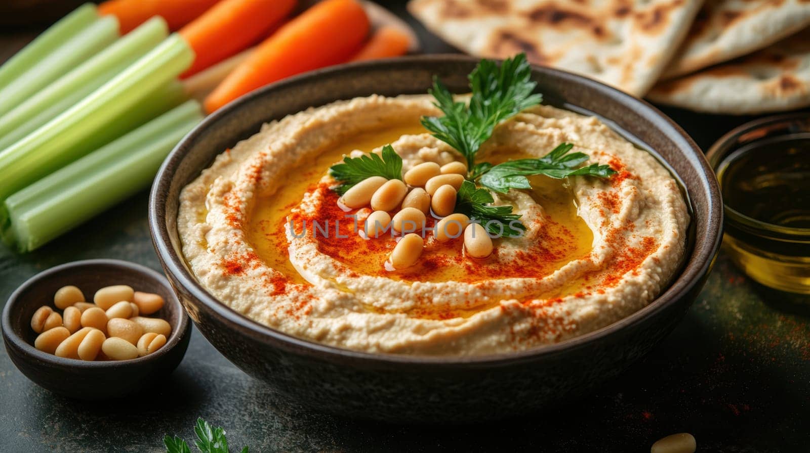 roasted garlic hummus served in bowl topped with paprika, flat parsely and roasted pine . AI generative.