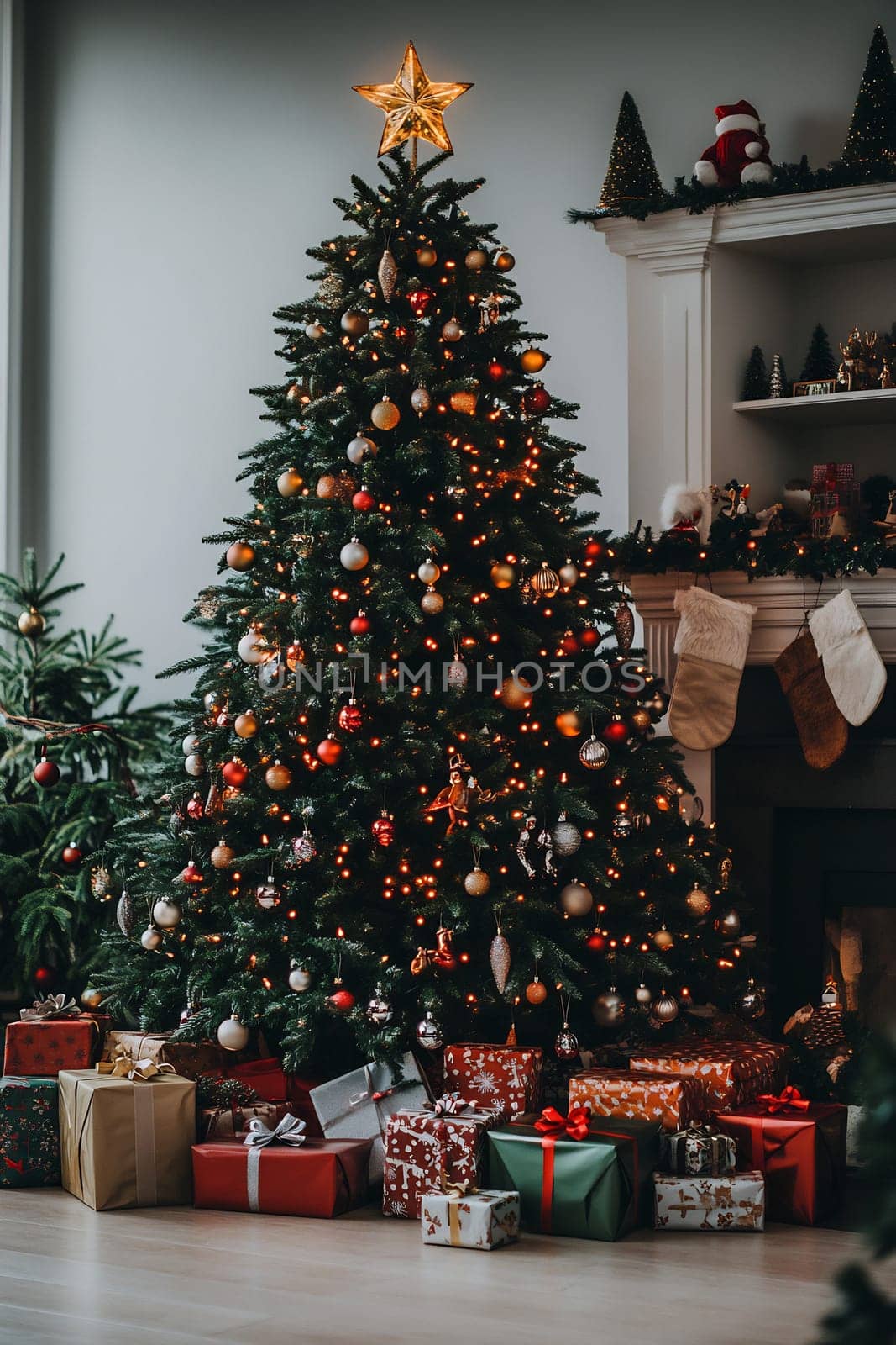 A large Christmas tree with colorful ornaments and lights stands in a cozy living room filled with wrapped gifts underneath.