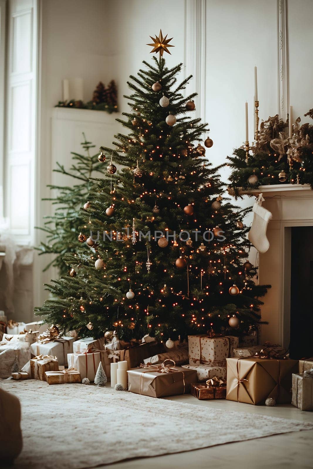 The festive atmosphere features a decorated Christmas tree surrounded by numerous wrapped gifts in a warmly lit living room.