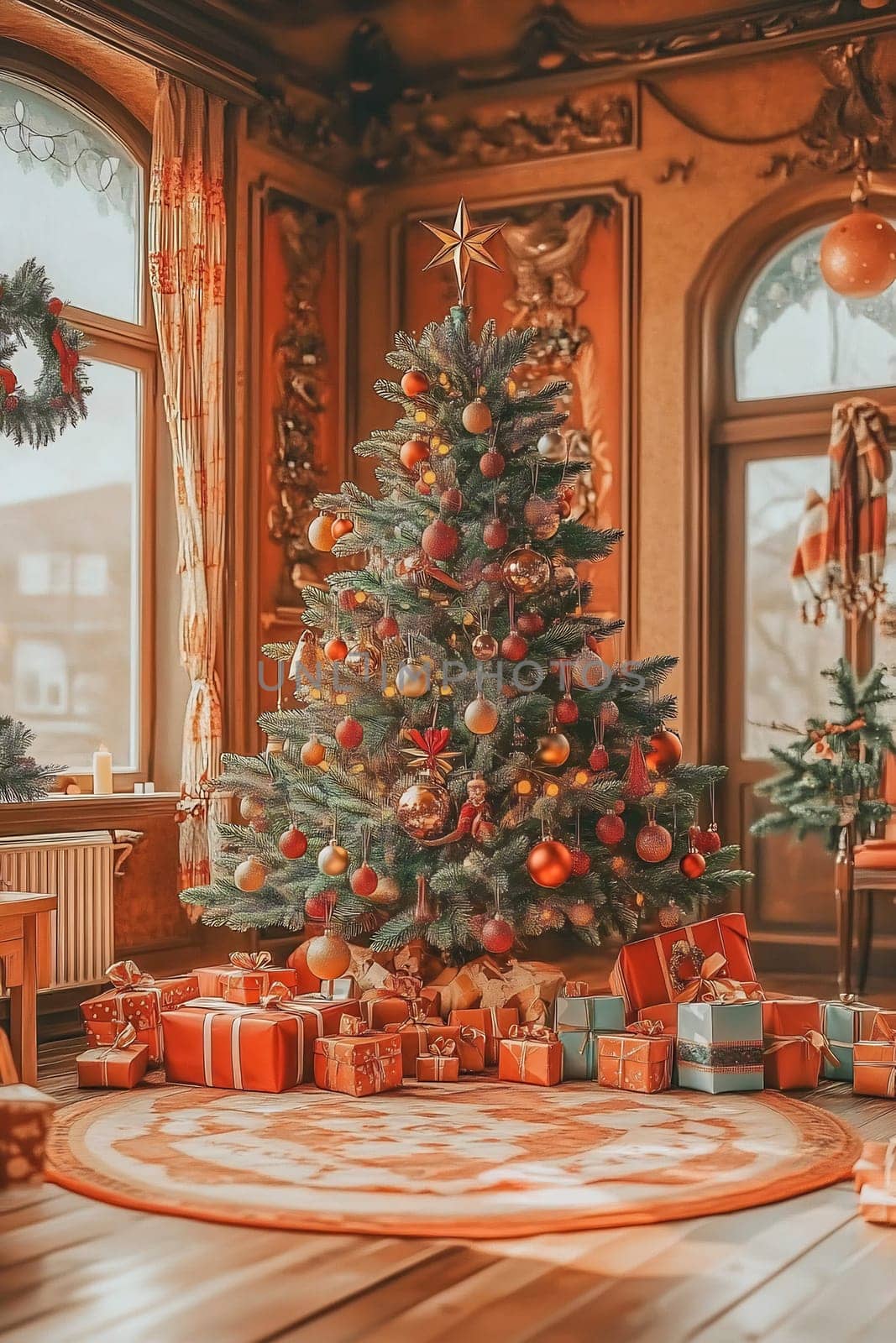 The living room features a stunning Christmas tree adorned with ornaments, illuminated by a festive atmosphere and surrounded by wrapped gifts.