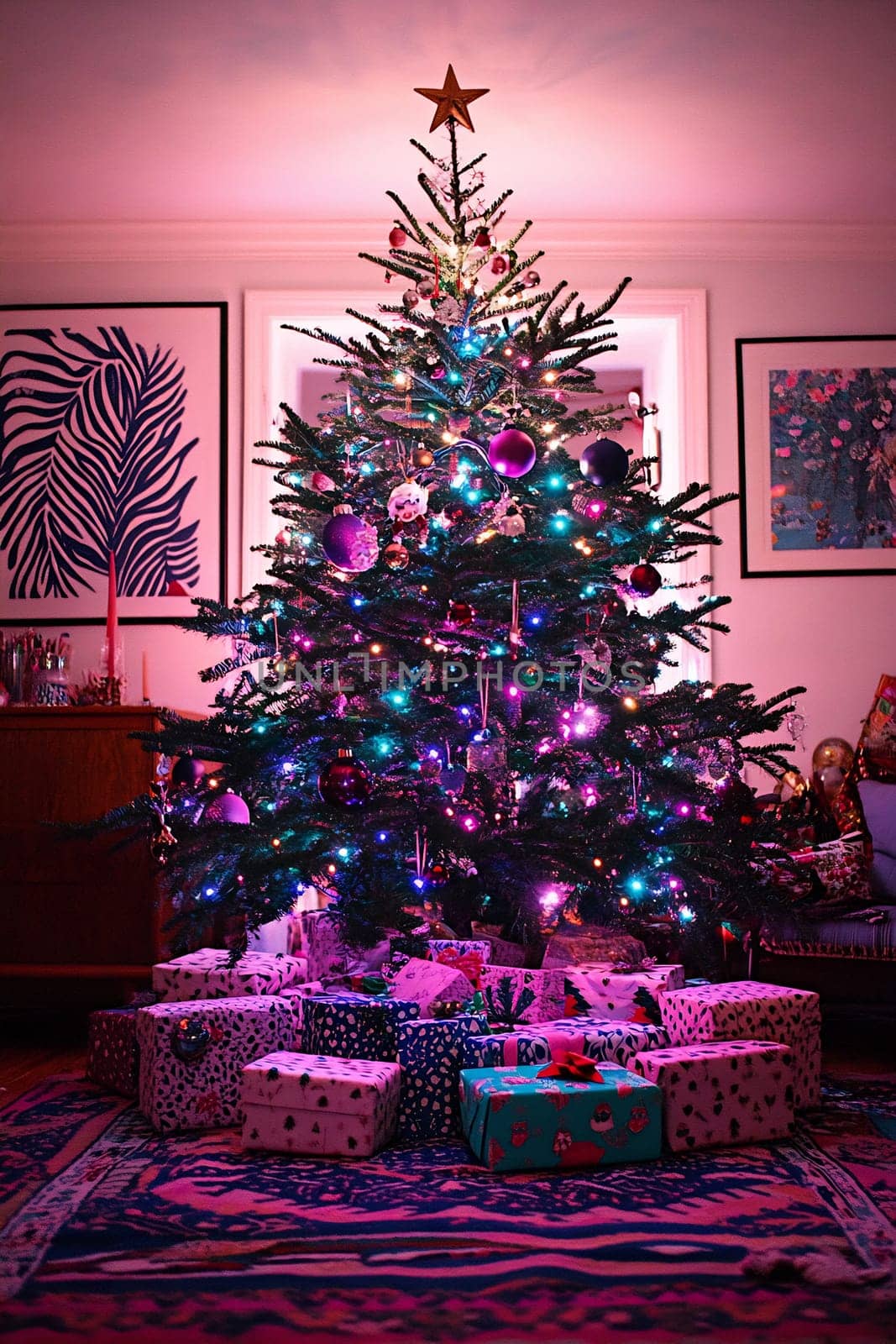 A beautifully decorated Christmas tree with vibrant lights and ornaments stands surrounded by wrapped gifts in a warm living room.