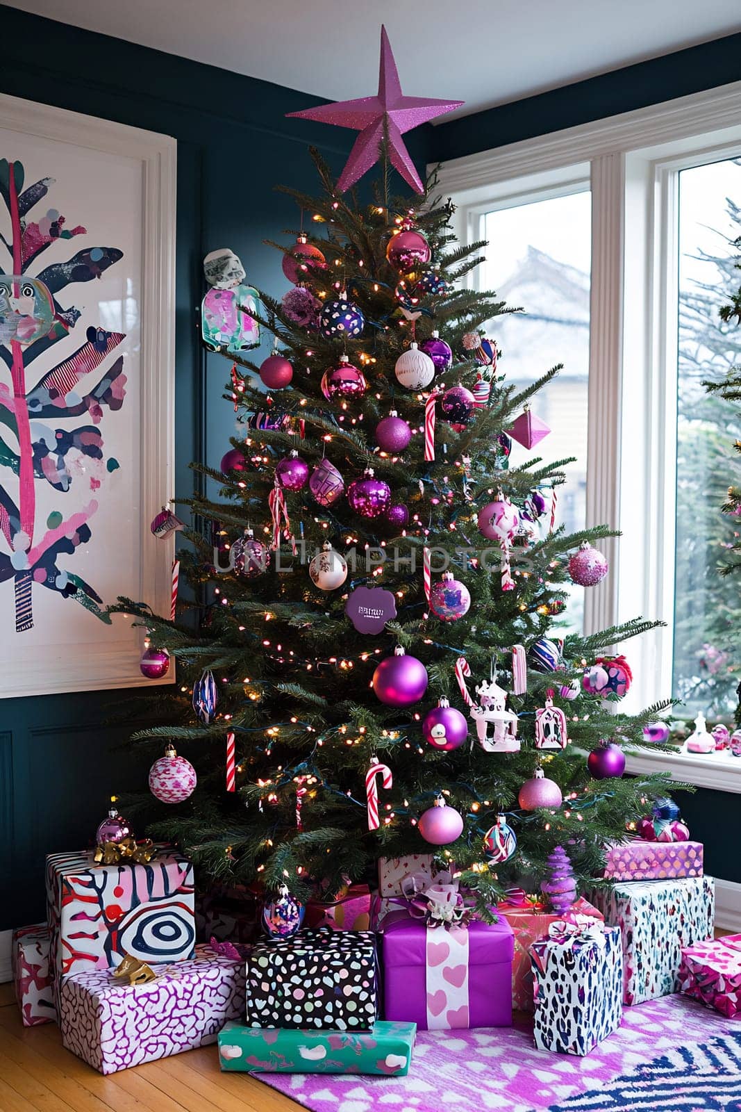A beautifully decorated Christmas tree with purple ornaments and candy canes stands beside a pile of colorful wrapped gifts in a festive room.