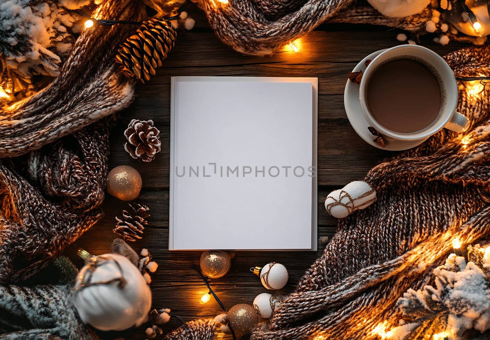 A warm winter atmosphere features a coffee cup beside a blank notebook, surrounded by holiday decorations and fairy lights.