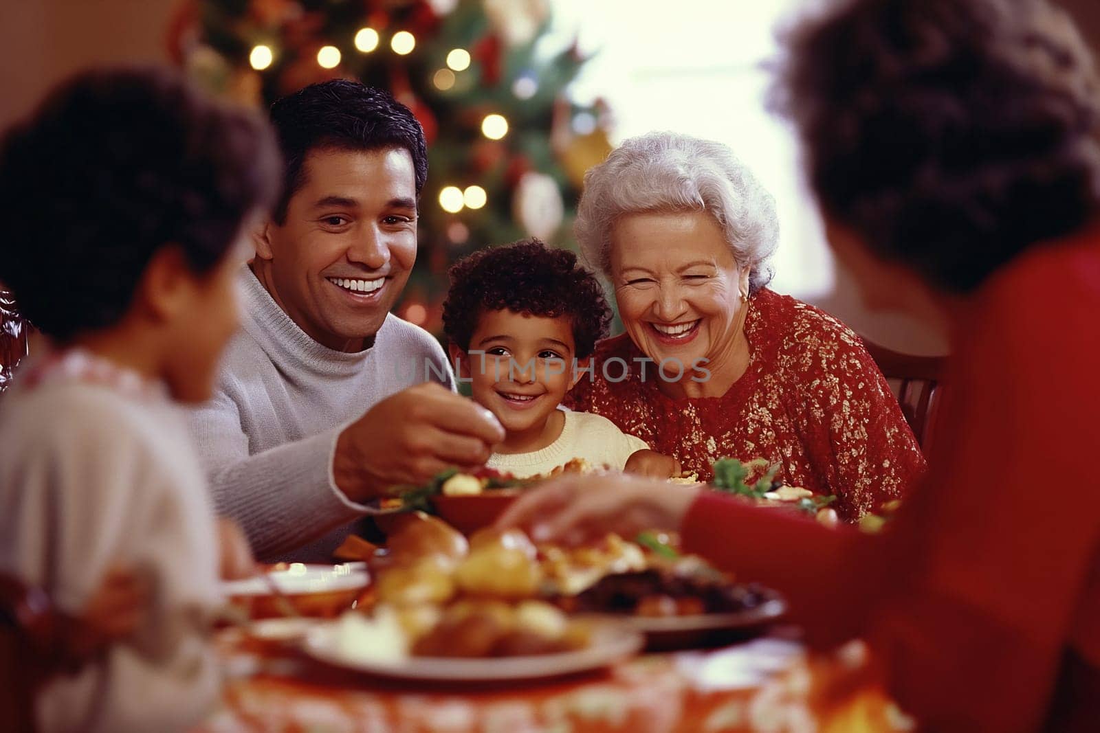 A joyful family shares laughter and a delightful holiday meal, surrounded by festive decorations in a cozy setting.