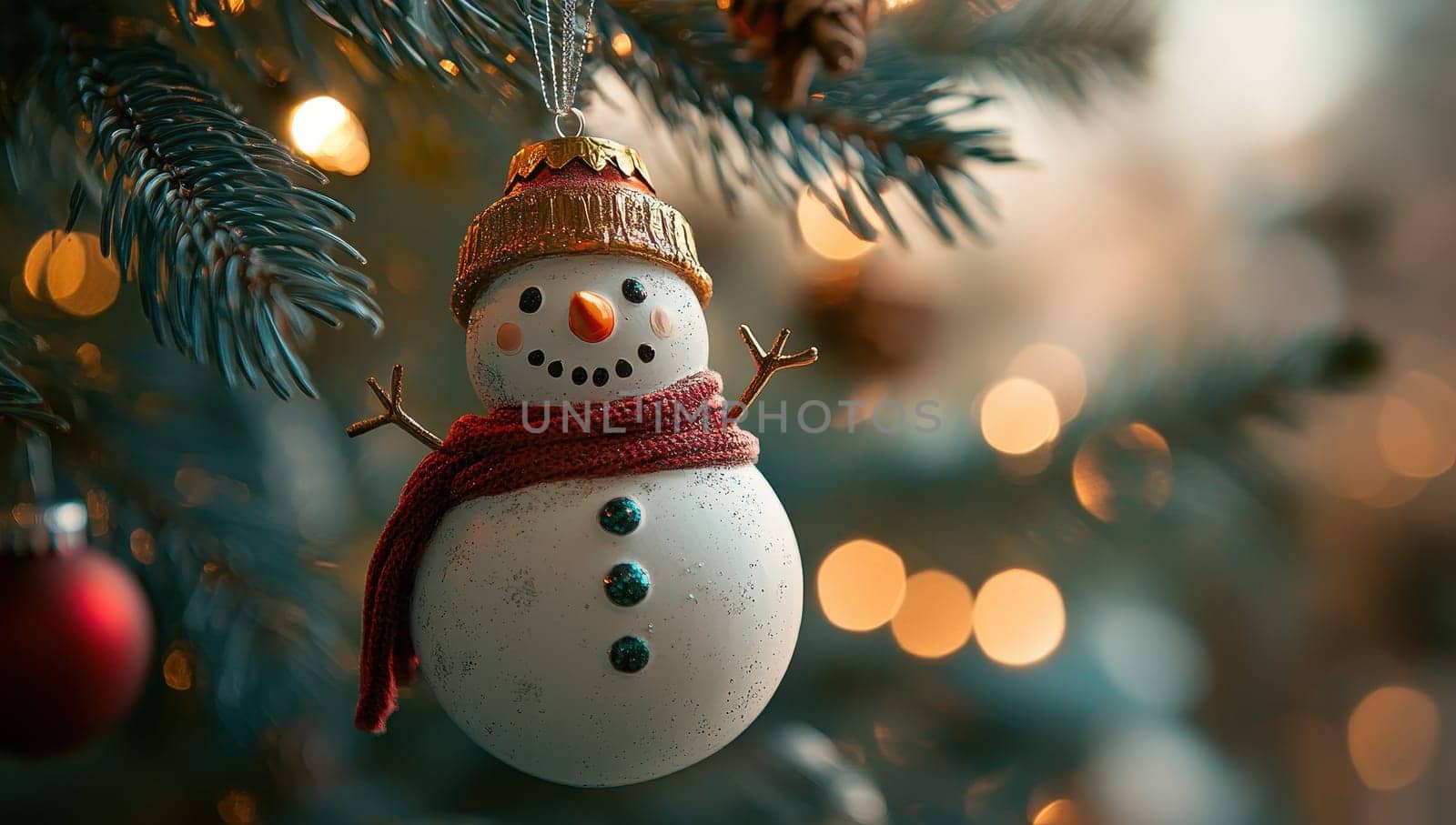 Smiling Snowman Ornament Hangs on a Christmas Tree