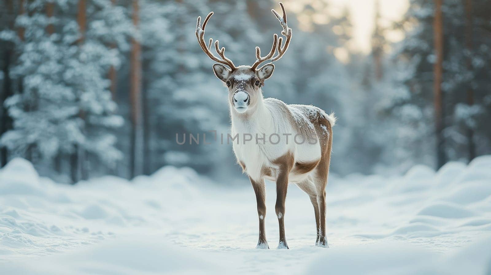 Reindeer in snowy winter forest at sunset. Wild animal in natural habitat.