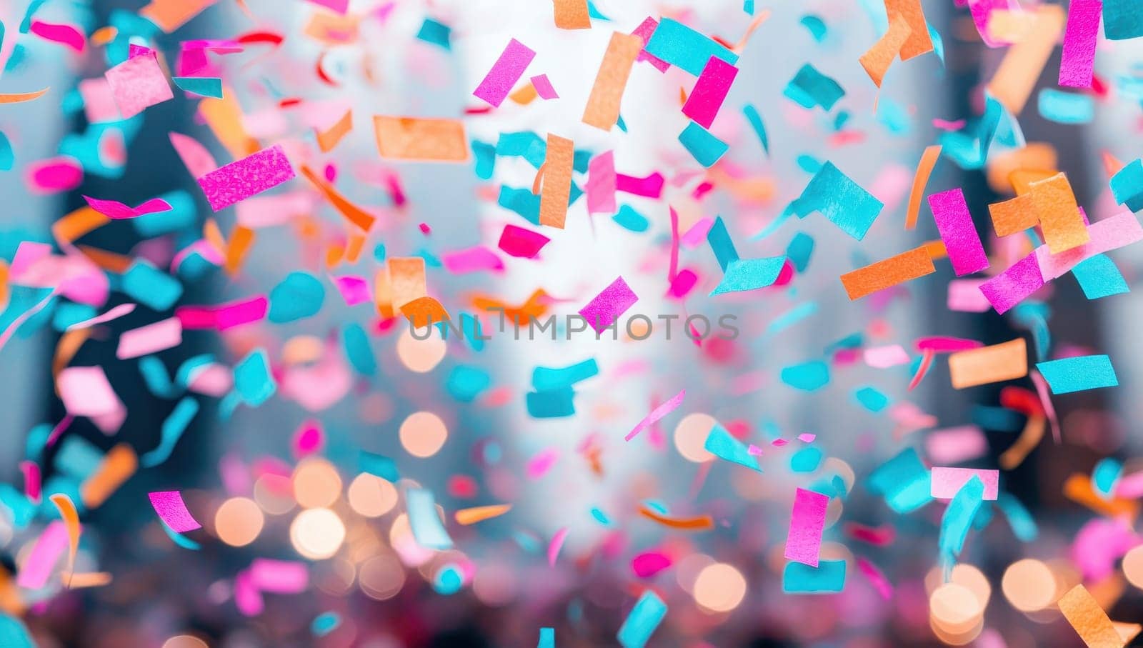 Colorful confetti falling against a blurred background, celebration concept.