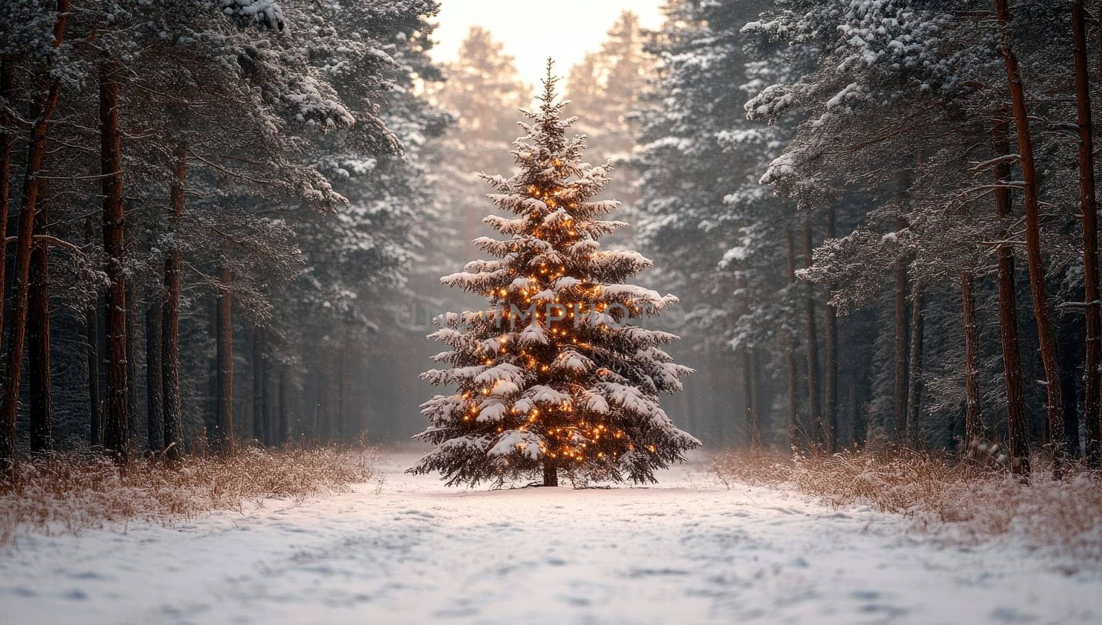Christmas Tree in Snowy Forest at Sunset
