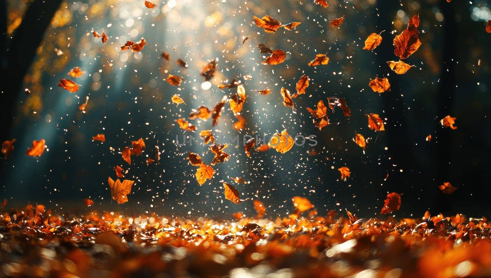 Falling Autumn Leaves in Sunlit Forest