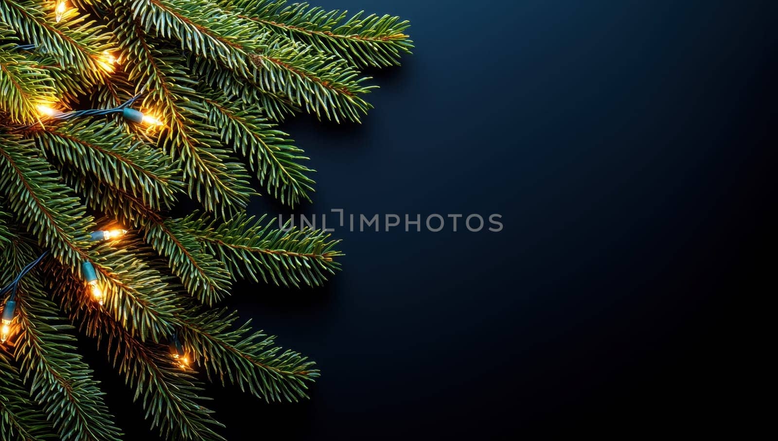 Christmas background with fir branches and string lights on dark blue, copy space