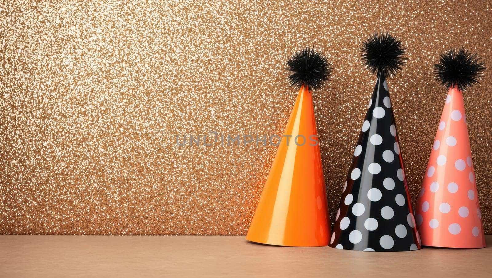 Three party hats on a glitter background. Celebration, birthday, event concept.