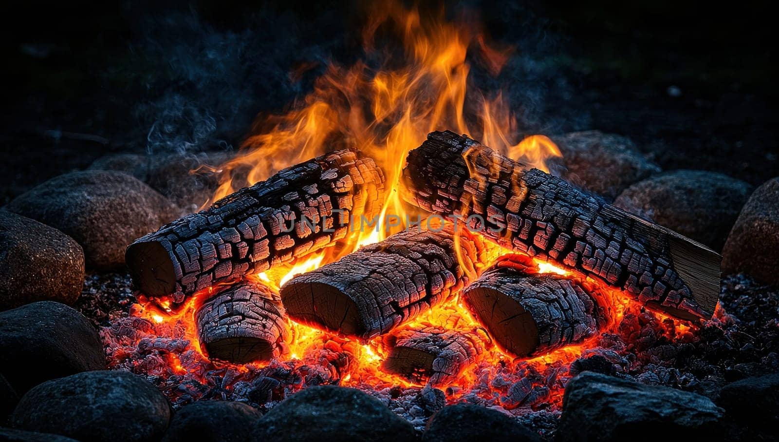 Close up of a campfire with burning logs and glowing embers, creating a warm and inviting atmosphere.