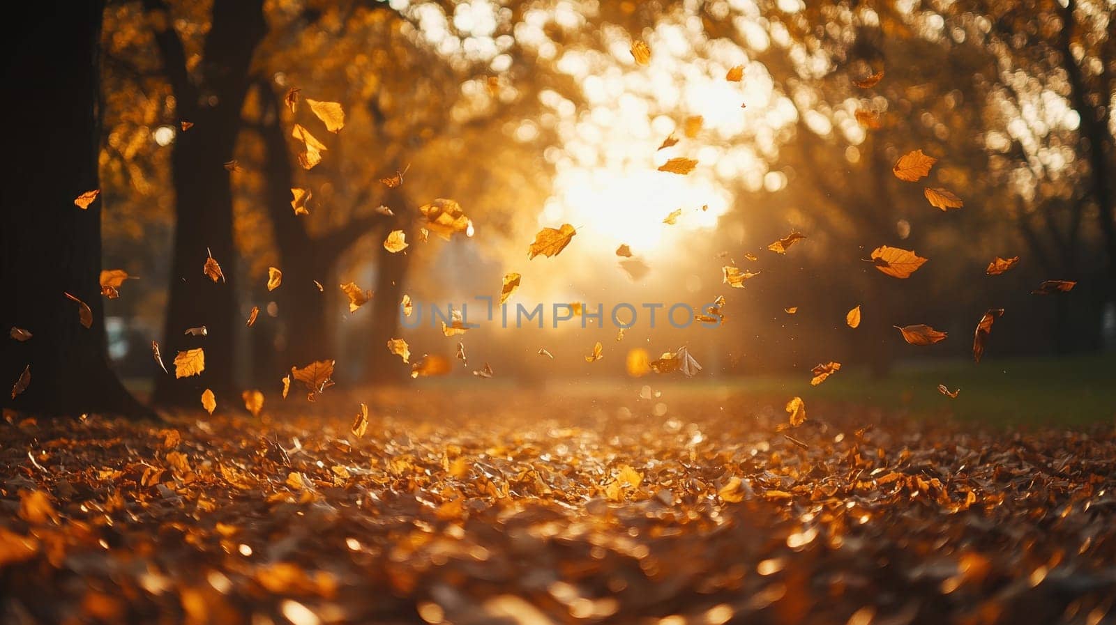 Golden Autumn Leaves Falling in Sunset Light, A Scenic Landscape