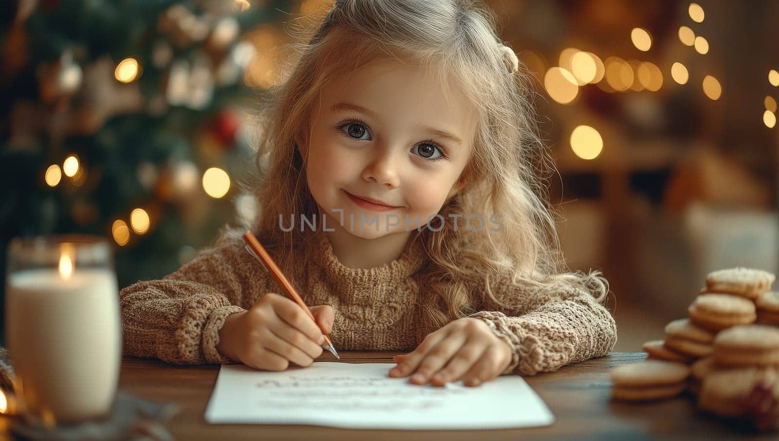 Little Girl Writing Letter to Santa Claus by Christmas Tree