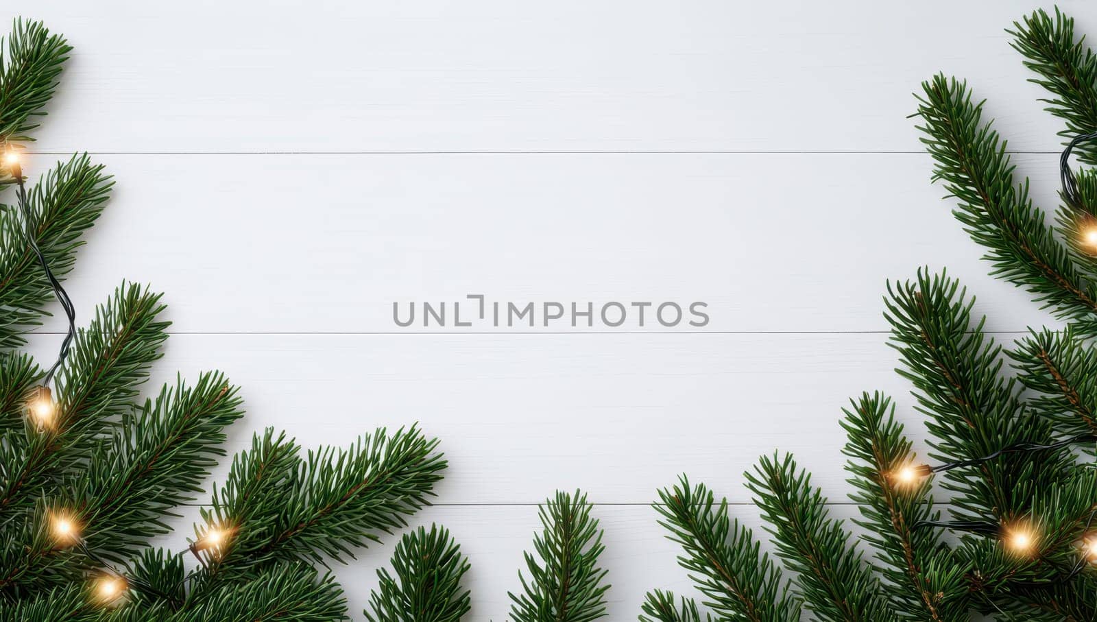 Christmas background with fir branches and lights on white wooden table. Top view with copy space.