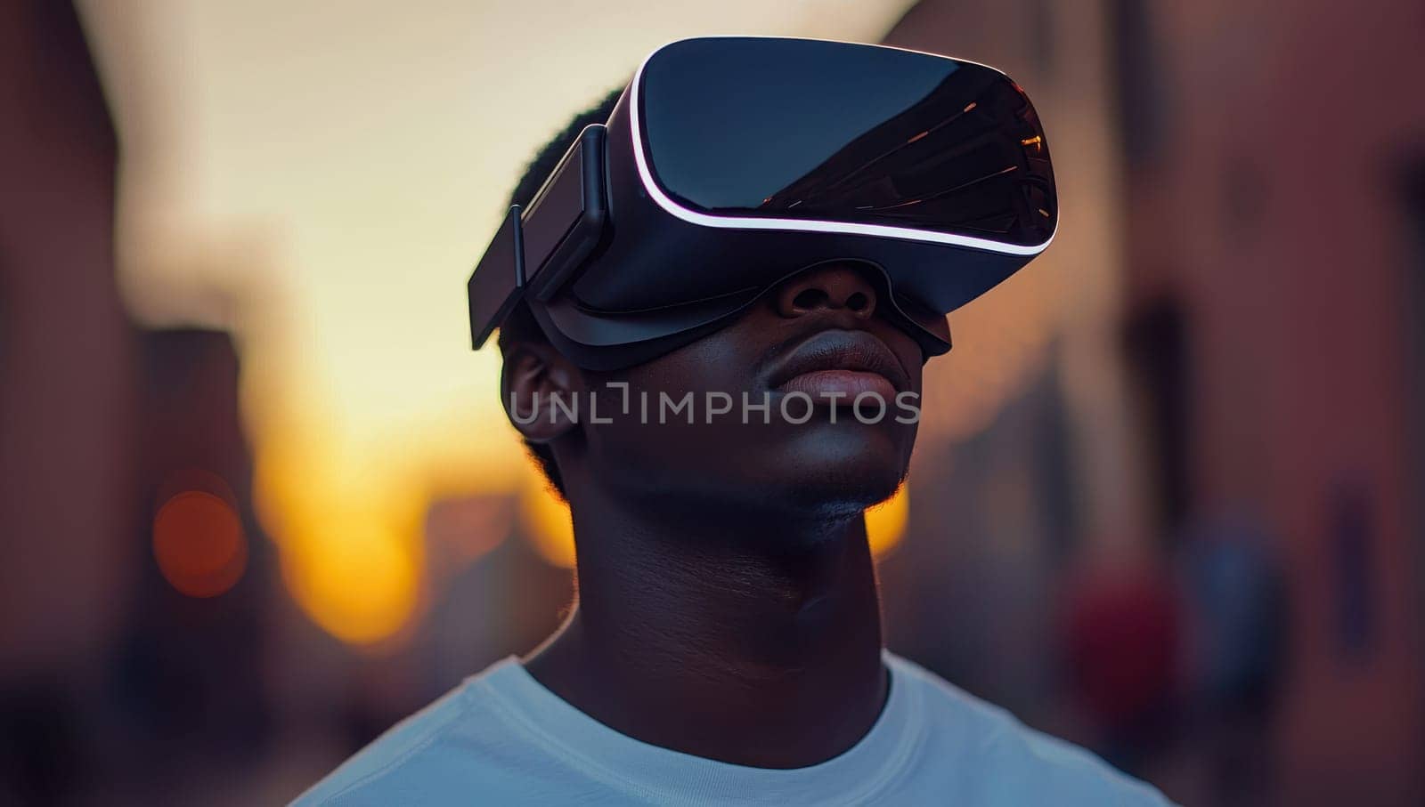 Man Using VR Headset in City, Metaverse, Gaming, and Future Tech