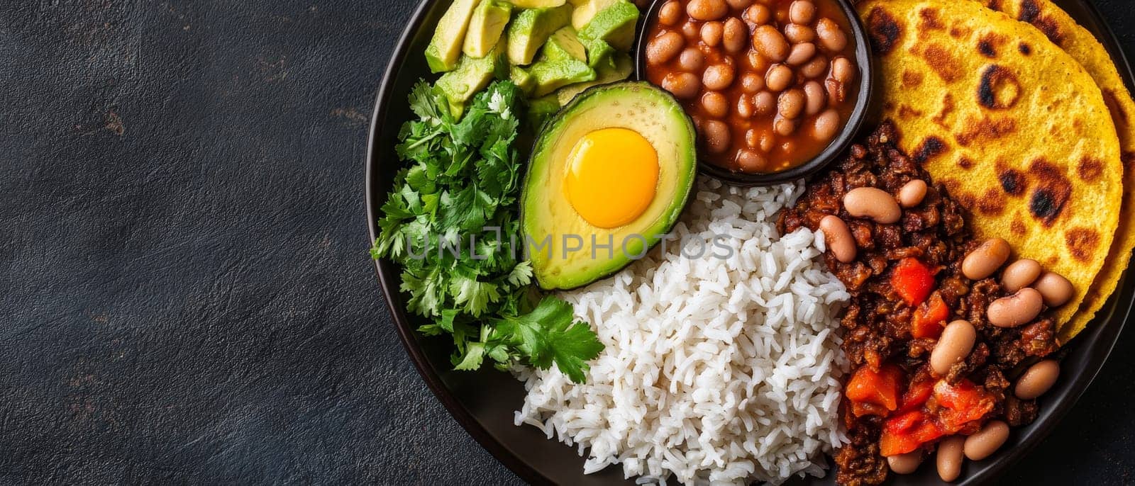 A vibrant Mexican inspired bowl filled with rice, beans, avocado, egg, cilantro, and corn tortillas on a dark background, showcasing a variety of textures and flavors.