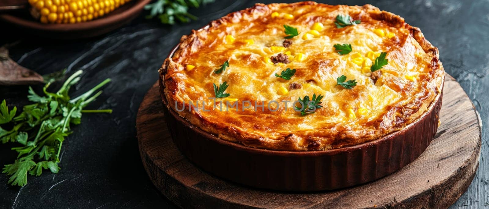 Golden crusted corn and beef pie with visible corn kernels, served in a ceramic dish on a wooden board, embodying comfort food and home cooked goodness.