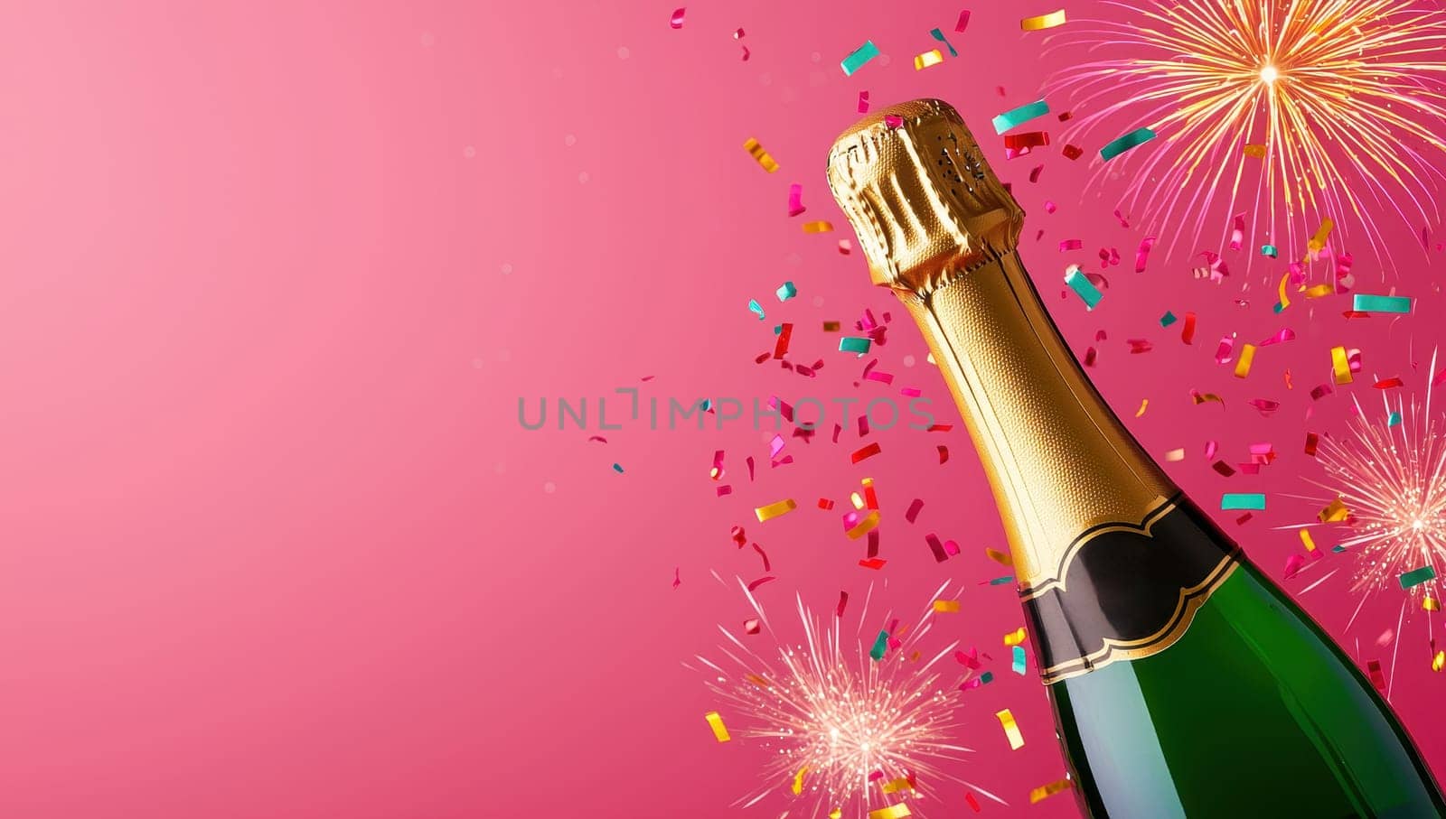 Champagne bottle with confetti and fireworks on pink background. New Year celebration, party concept.