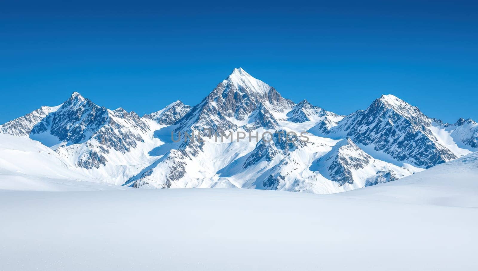 Snowy mountain peaks under a blue sky. Winter landscape in the Alps.