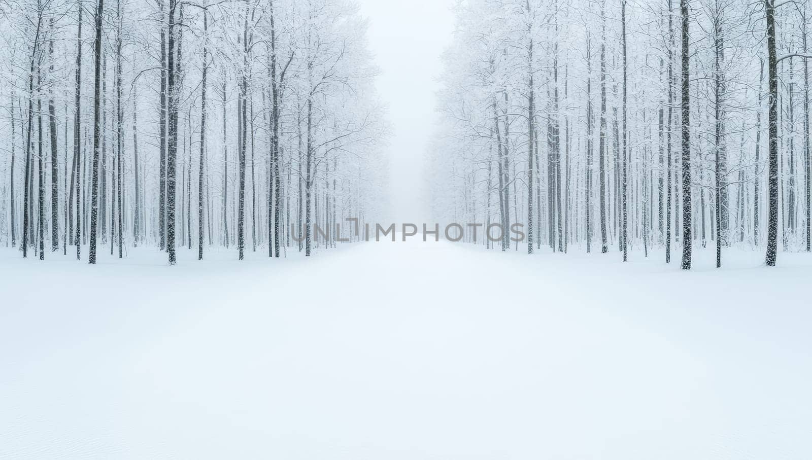 Snowy path through a snow covered forest in winter