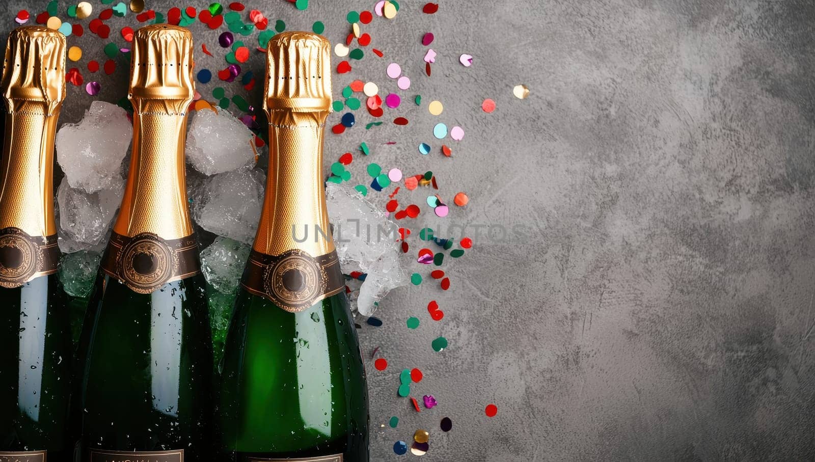 Champagne bottles in ice bucket with confetti on grey background. Celebration, party, anniversary concept.