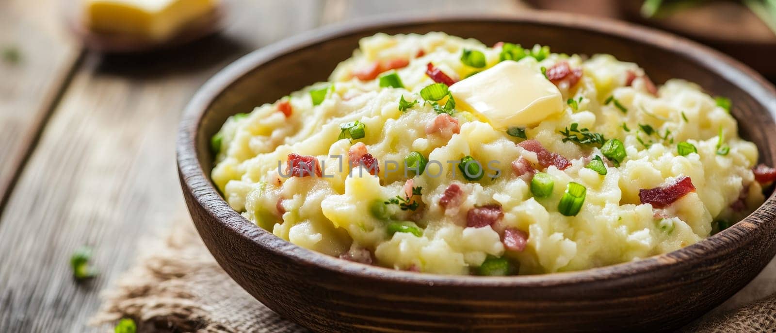 A hearty bowl of creamy potato salad garnished with crispy bacon bits, fresh chives, and melting butter, perfect for picnics or as a comforting side dish.