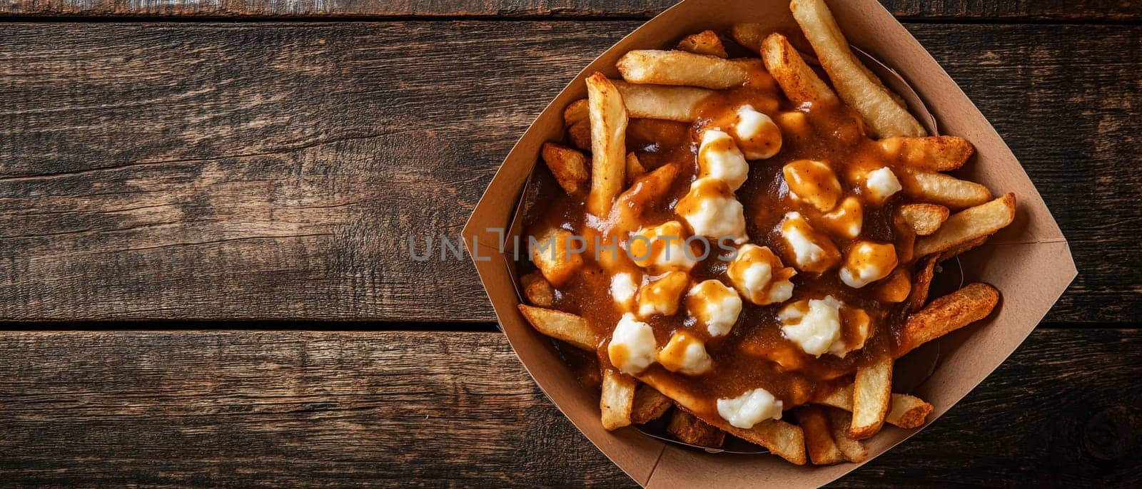 Classic Canadian poutine featuring crispy golden fries topped with rich gravy and melting cheese curds, served in a takeout container on a rustic wooden background.
