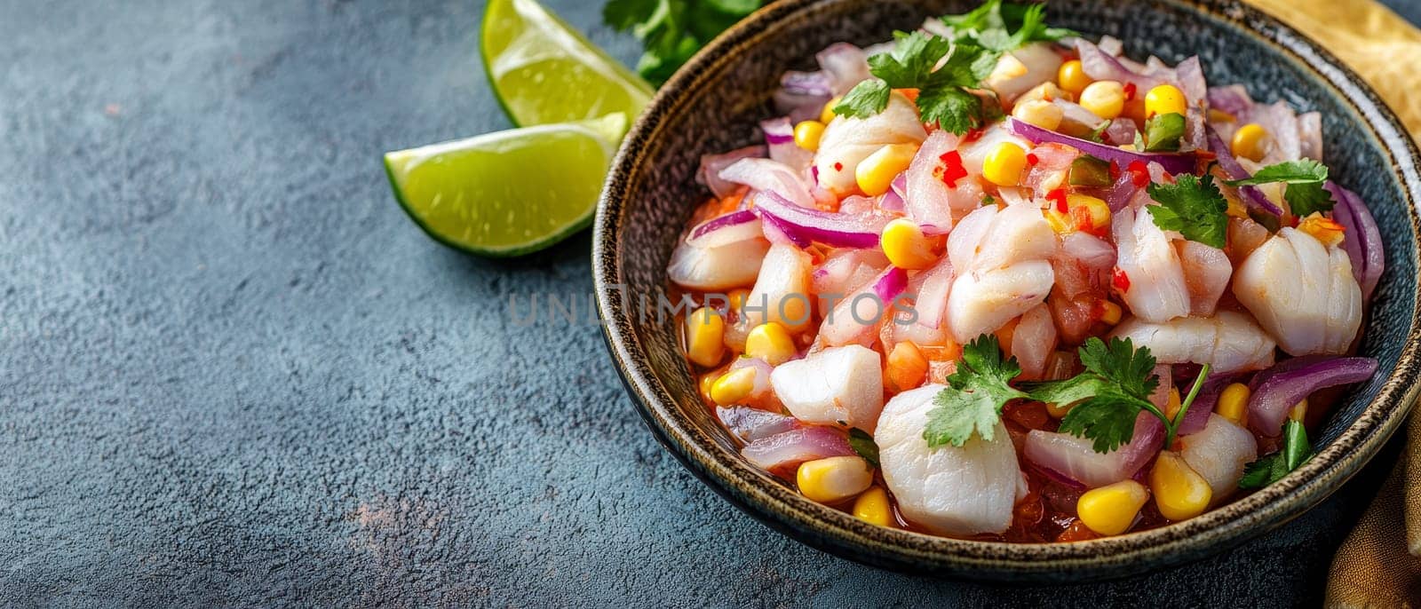 Vibrant bowl of fresh ceviche with chunks of white fish, colorful vegetables, corn, and red onions, garnished with cilantro and lime wedges.