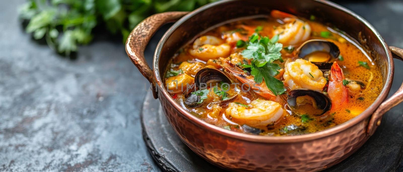 A rich and flavorful seafood bouillabaisse with shrimp, mussels, and herbs in a copper pot, garnished with fresh parsley, showcasing vibrant colors and textures.